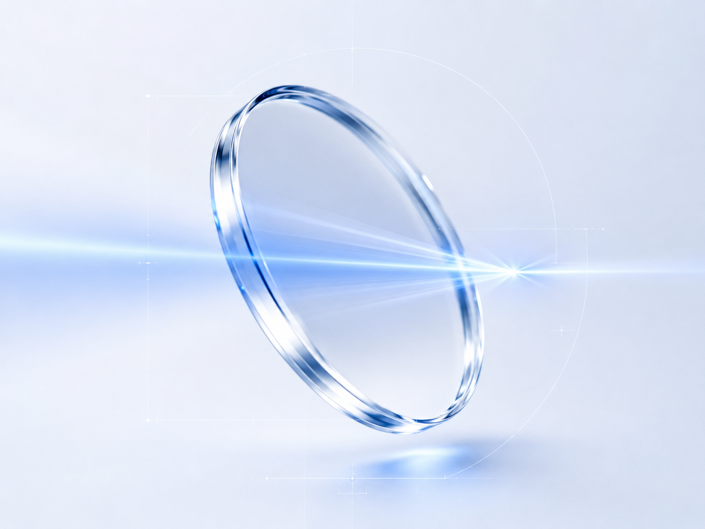 Lente Salqui transparente con un haz de luz azul que se enfoca en un punto