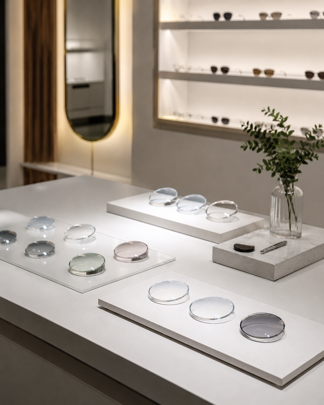 Mostrador de óptica con lentes Salqui en exhibición